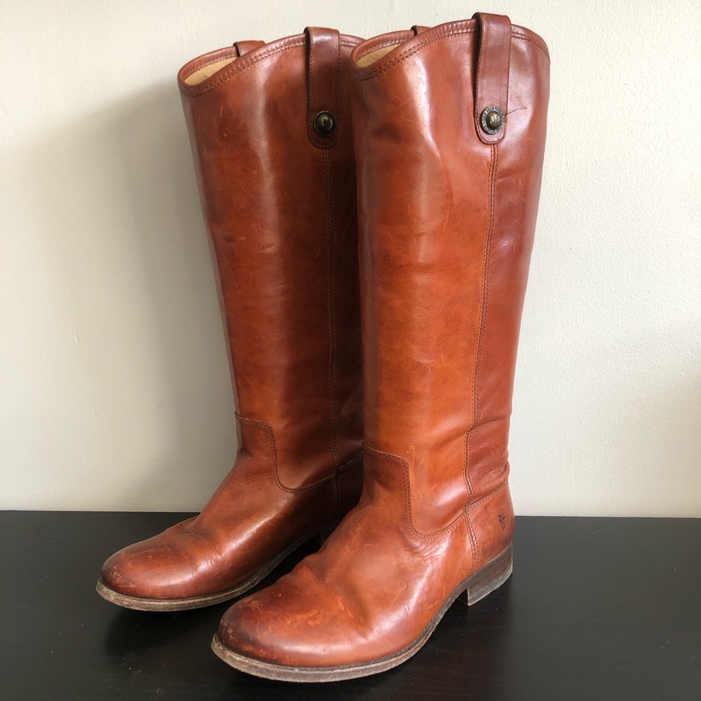 Frye Cognac Melissa Button Lug Tall Boots